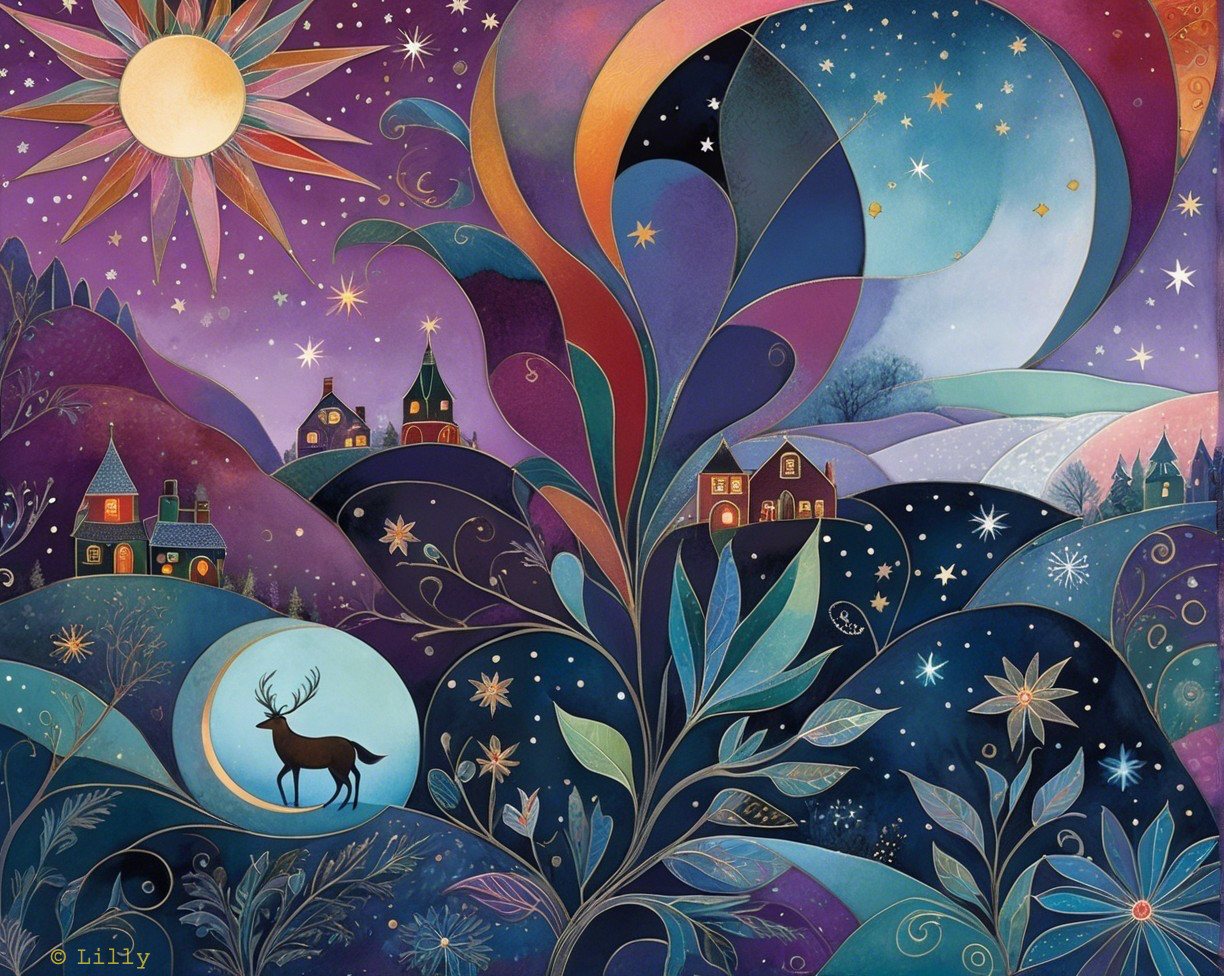 Fantastical Night Sky with Colorful Celestial Elements