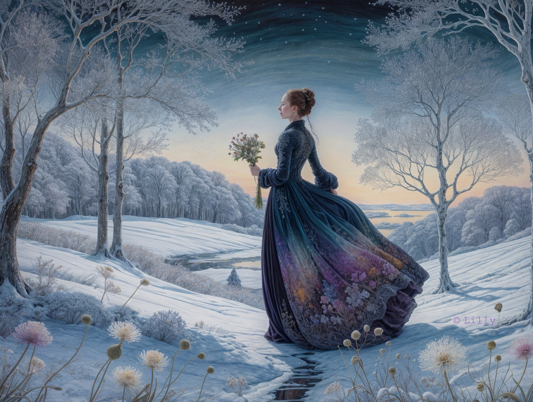 Serene Winter Landscape with Woman in Flowing Gown