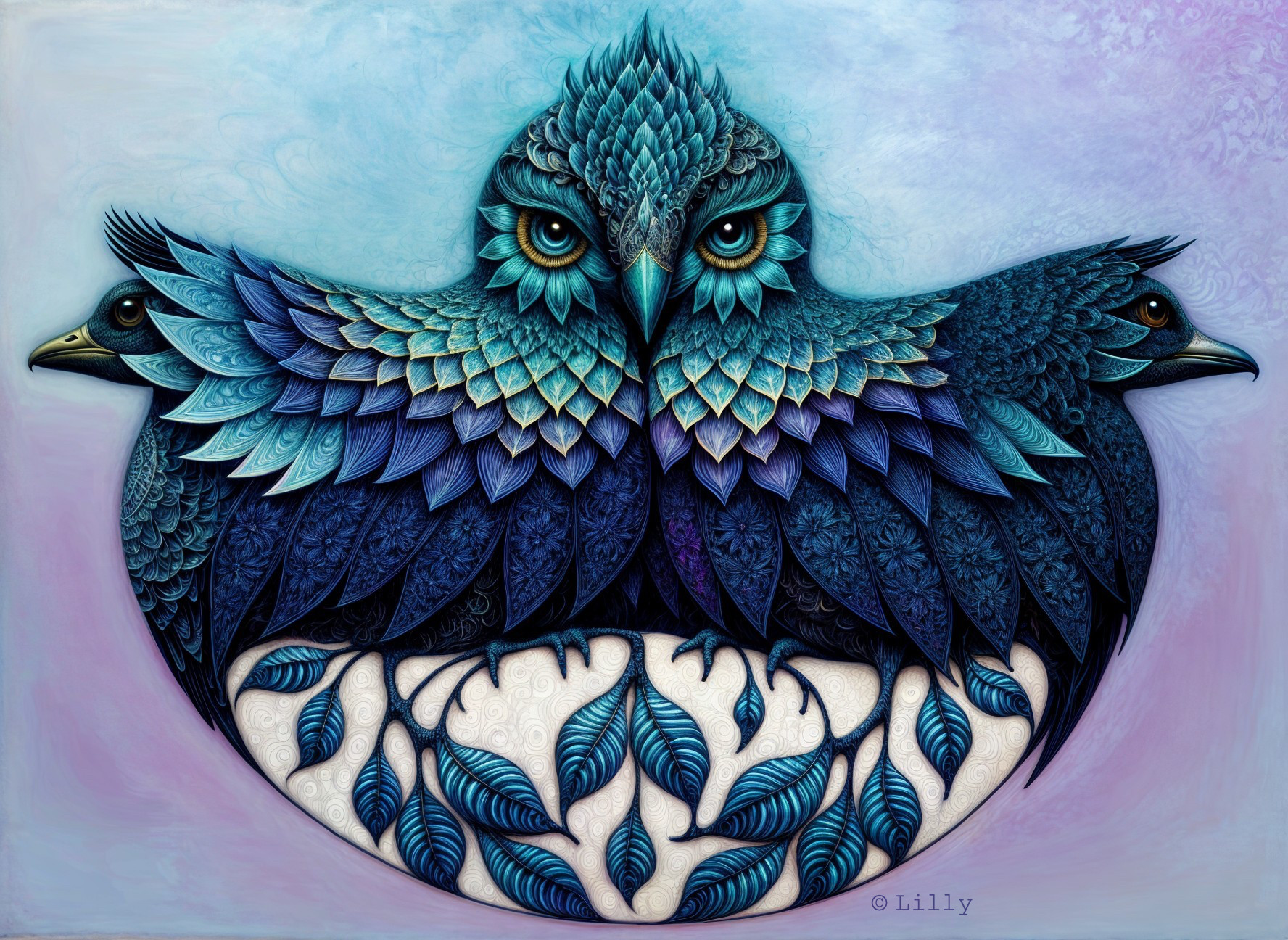Stylized depiction of three birds with intricate feathers