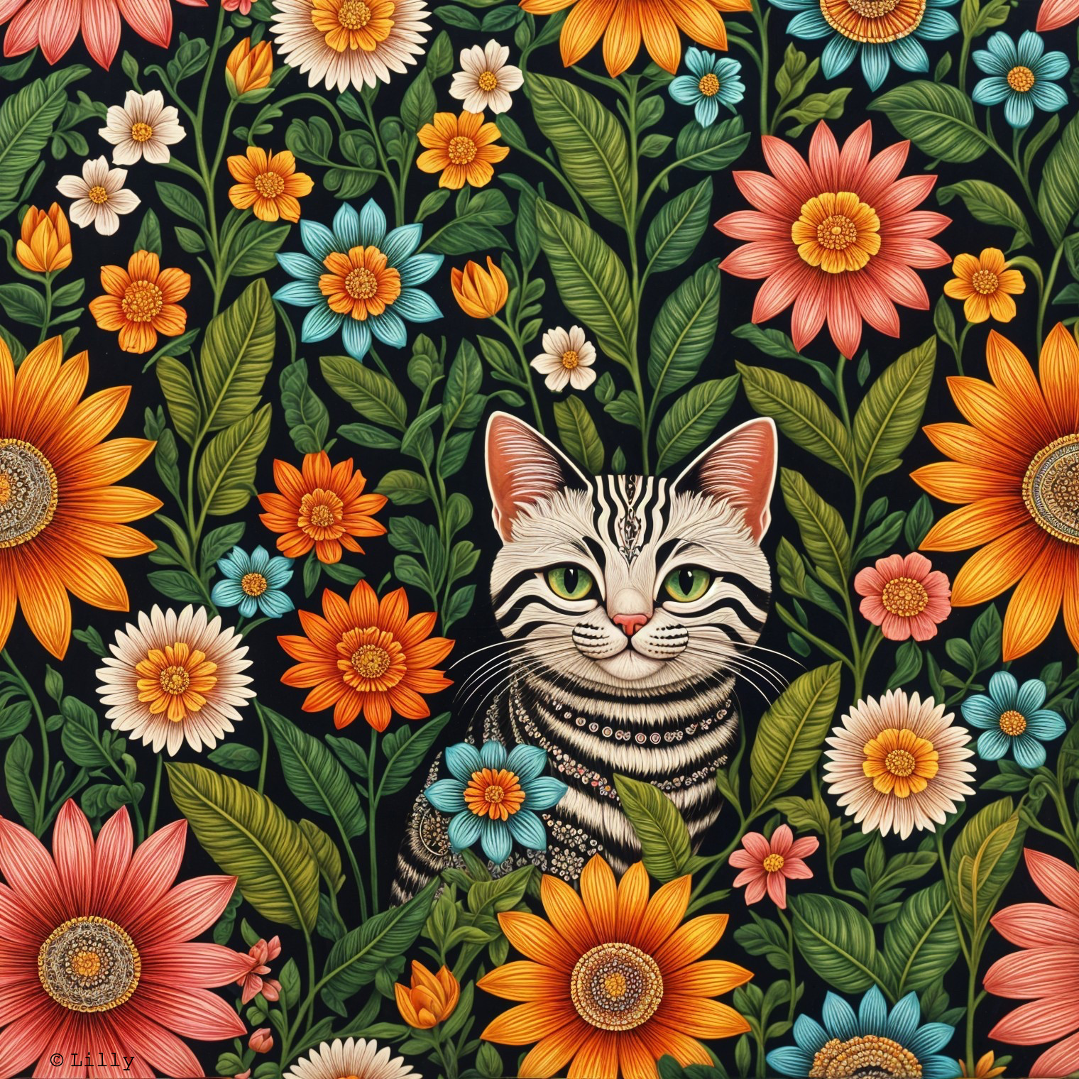 Striped Cat Among Colorful Flowers in Garden Setting