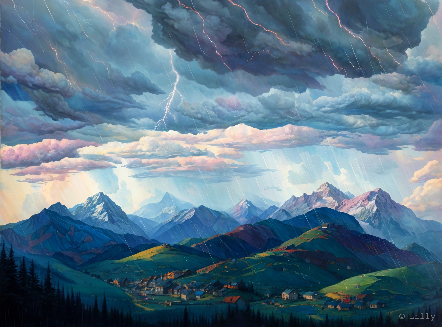 Dramatic Mountainous Landscape with Stormy Sky