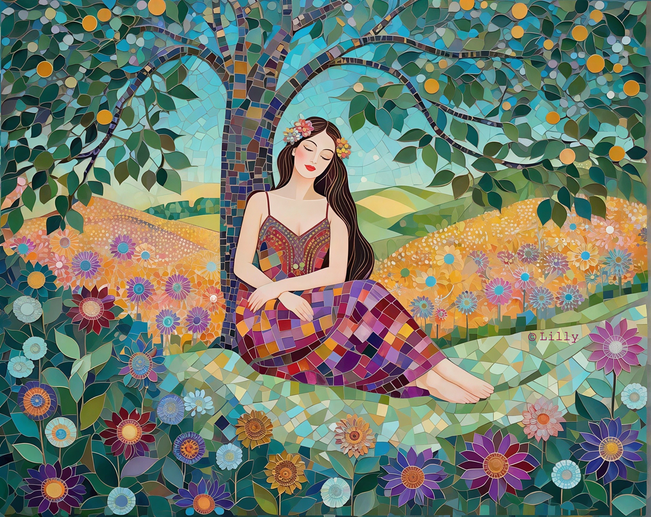 Mosaic Painting of a Serene Woman by a Tree