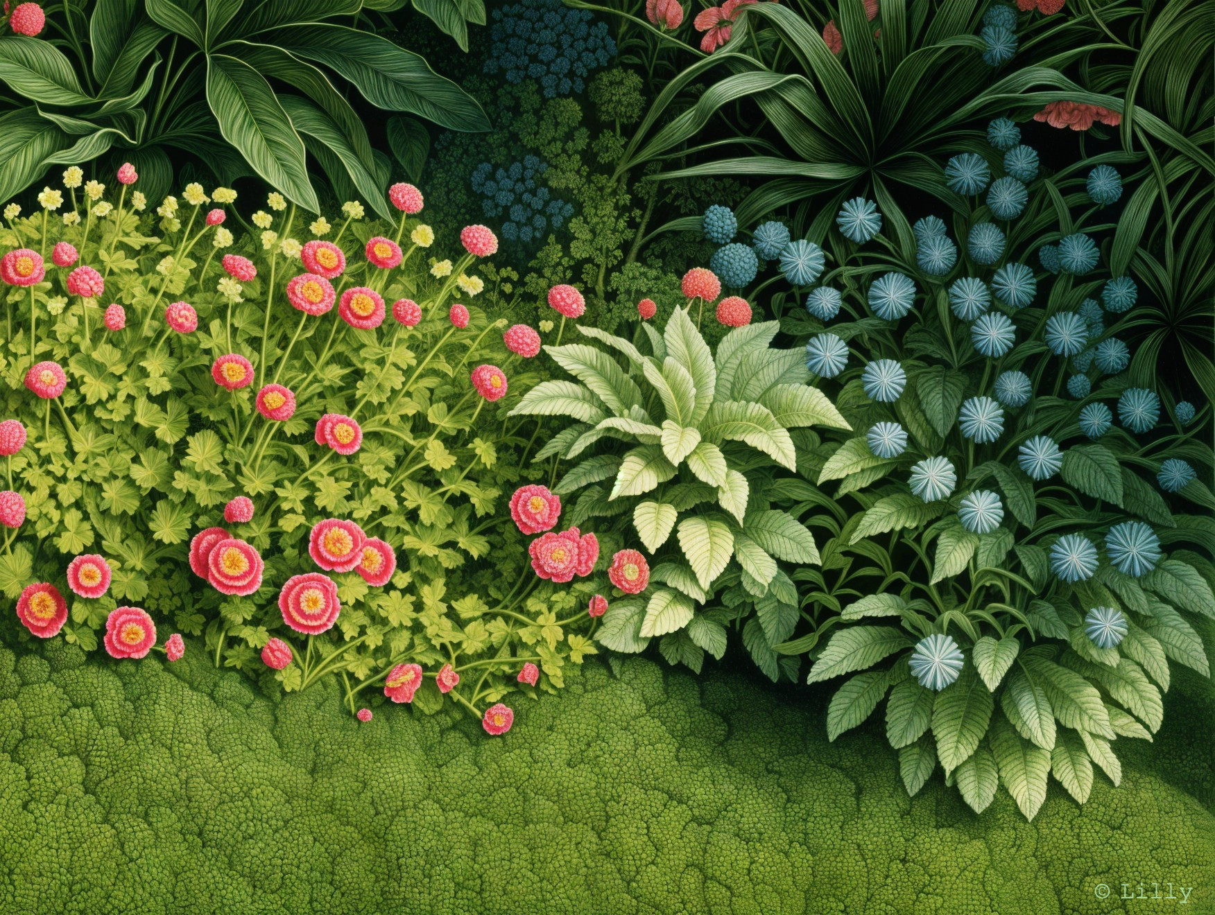Vibrant Garden Scene with Colorful Flowers and Foliage