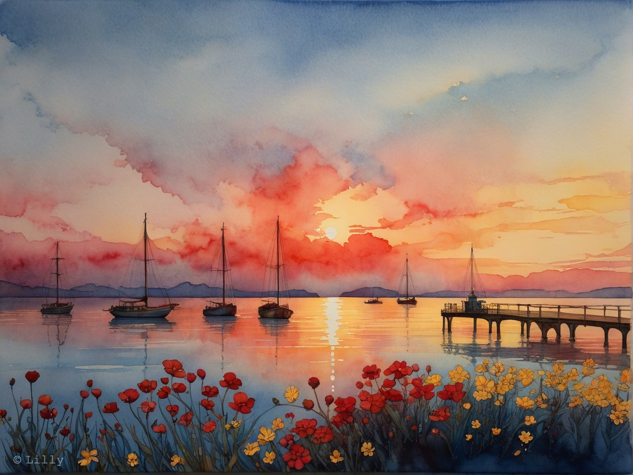 Watercolor Landscape with Sunset and Sailboats