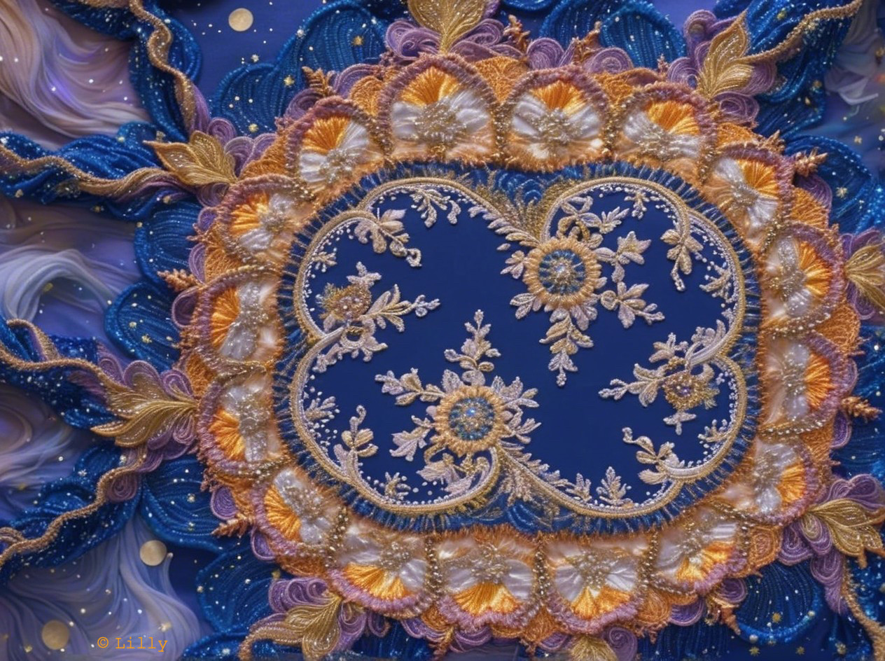 Intricate Floral Embroidery Design on Deep Blue Background