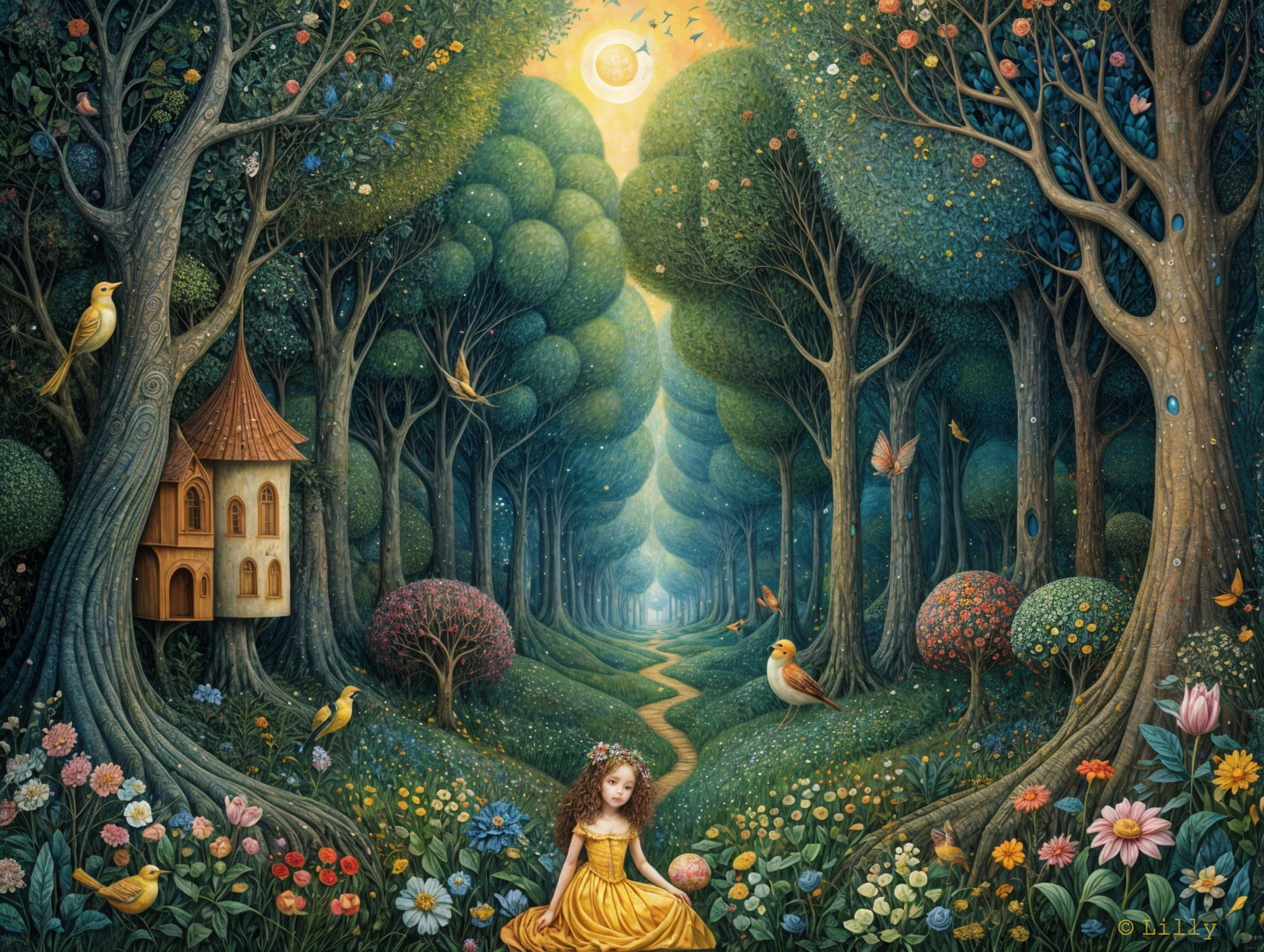Whimsical Forest Scene with Girl in Yellow Dress