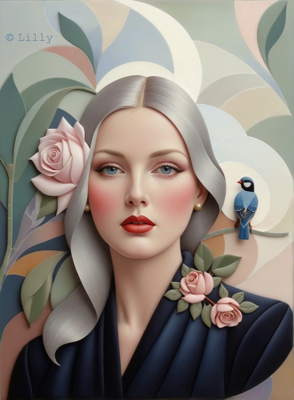 Stylized portrait of a woman with silver hair and rose