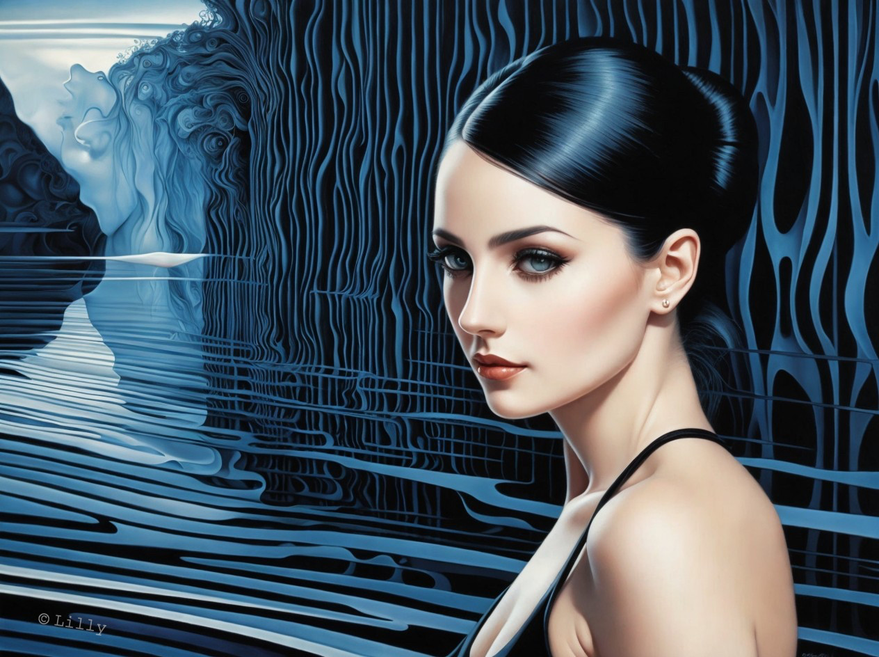 Portrait of a Young Woman with Black Hair and Blue Eyes