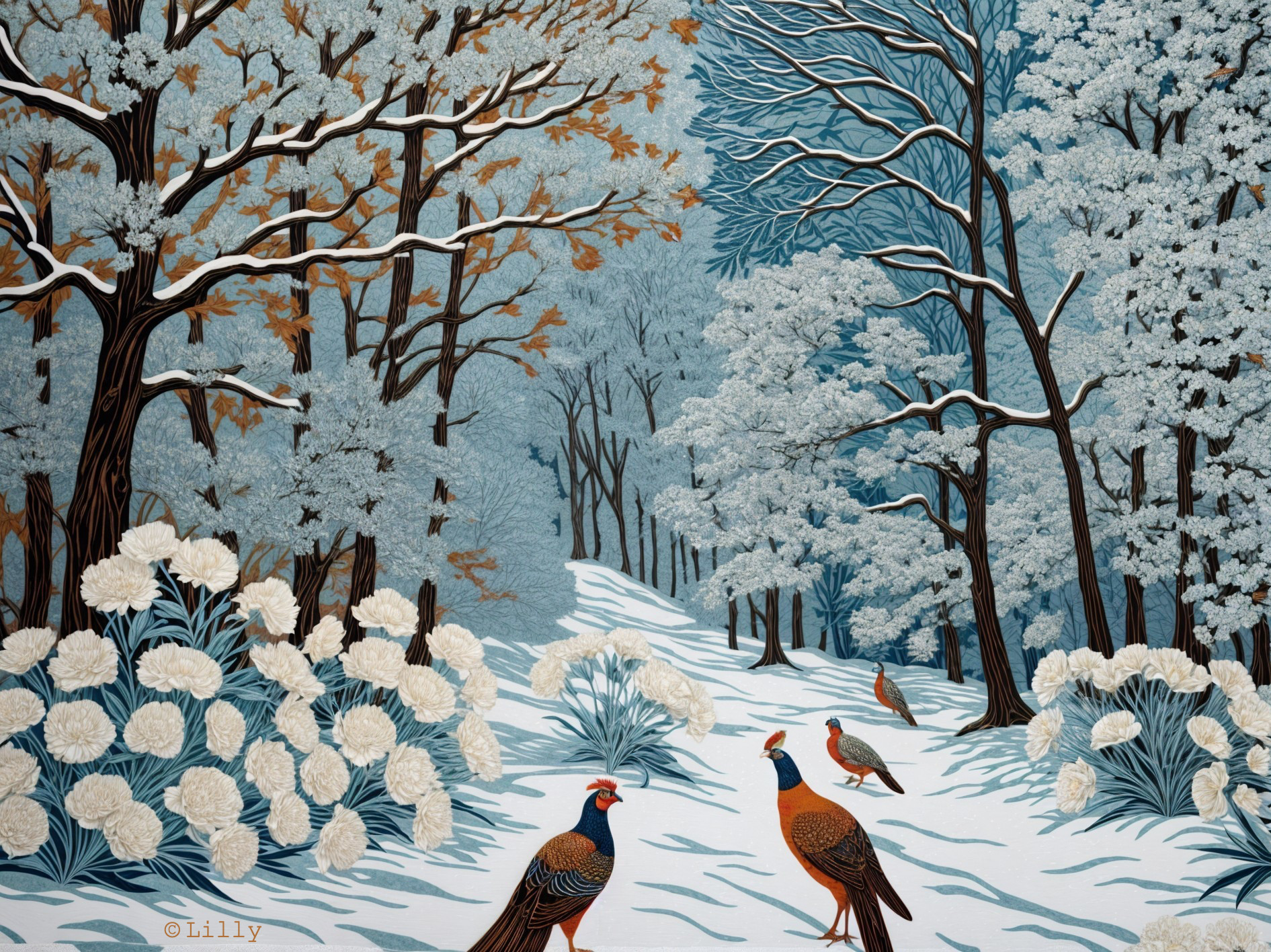 Winter Landscape with Snowy Trees and Pheasants