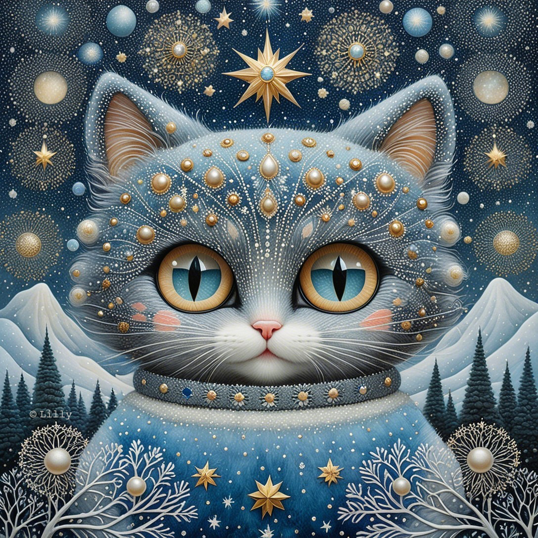 Ornate Blue Cat Surrounded by Frosty Night Landscape