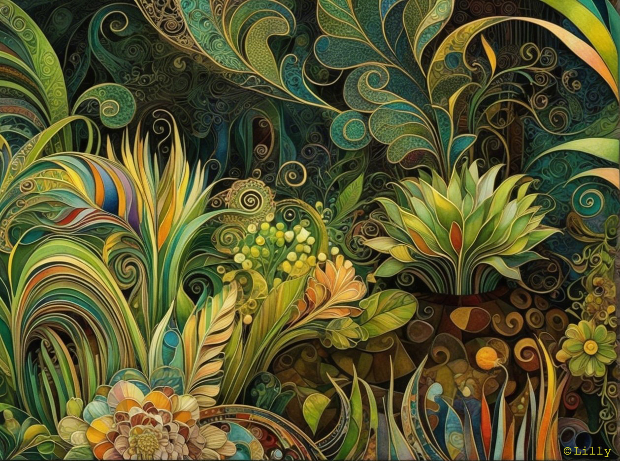 Vibrant Illustration of Lush Foliage and Flowers