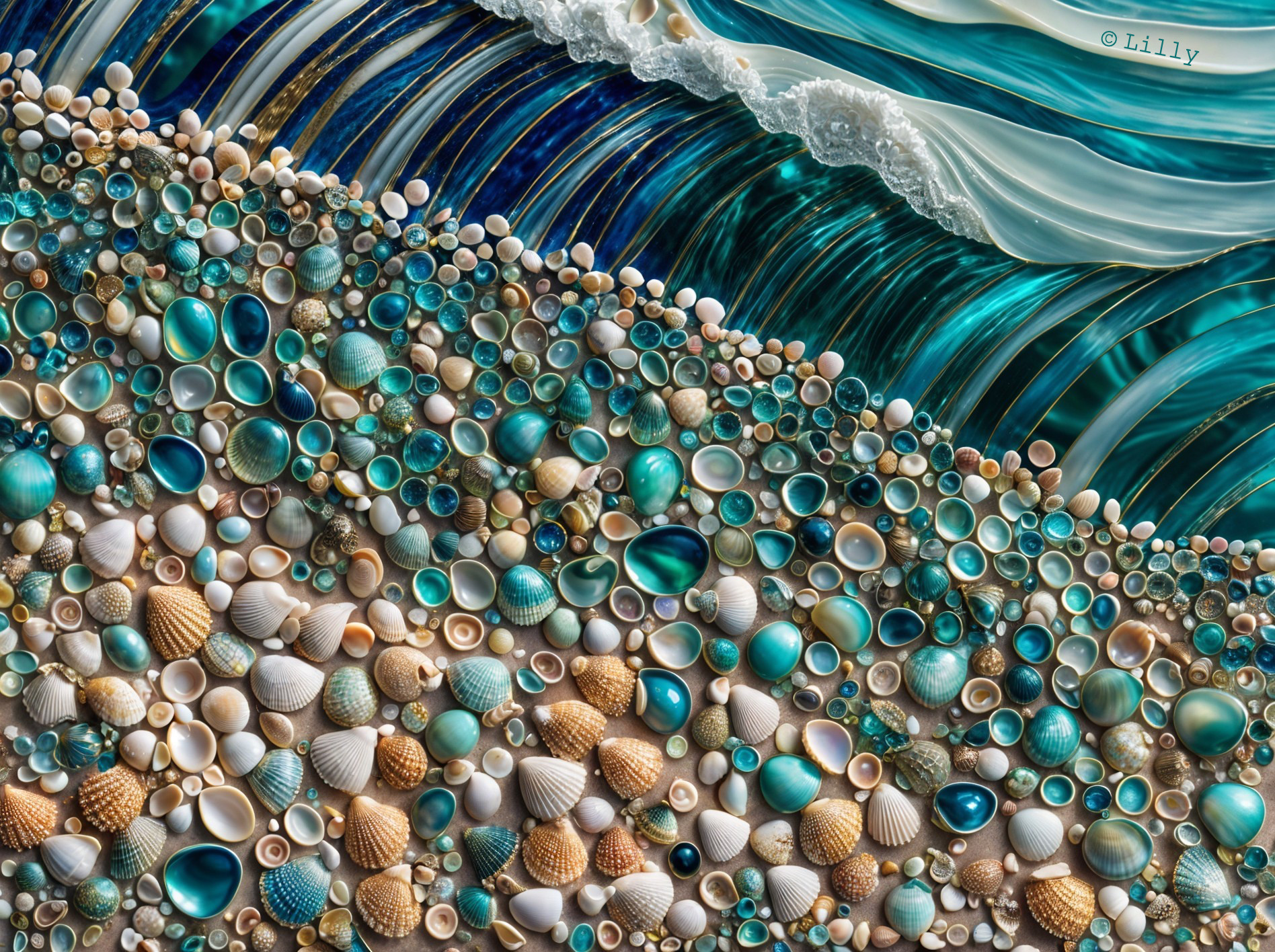 Arrangement of Seashells with Ocean Waves Background