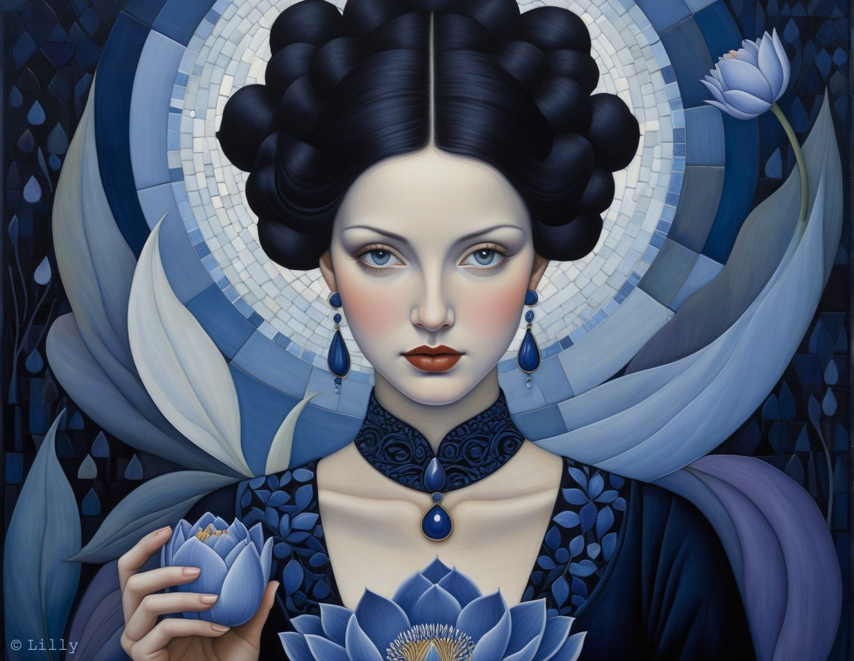 Woman with Enchanting Expression in Blue Floral Art