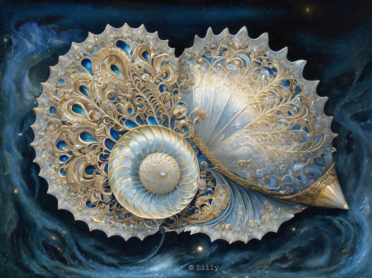 Intricately Designed Nautilus Shell in Cosmic Landscape