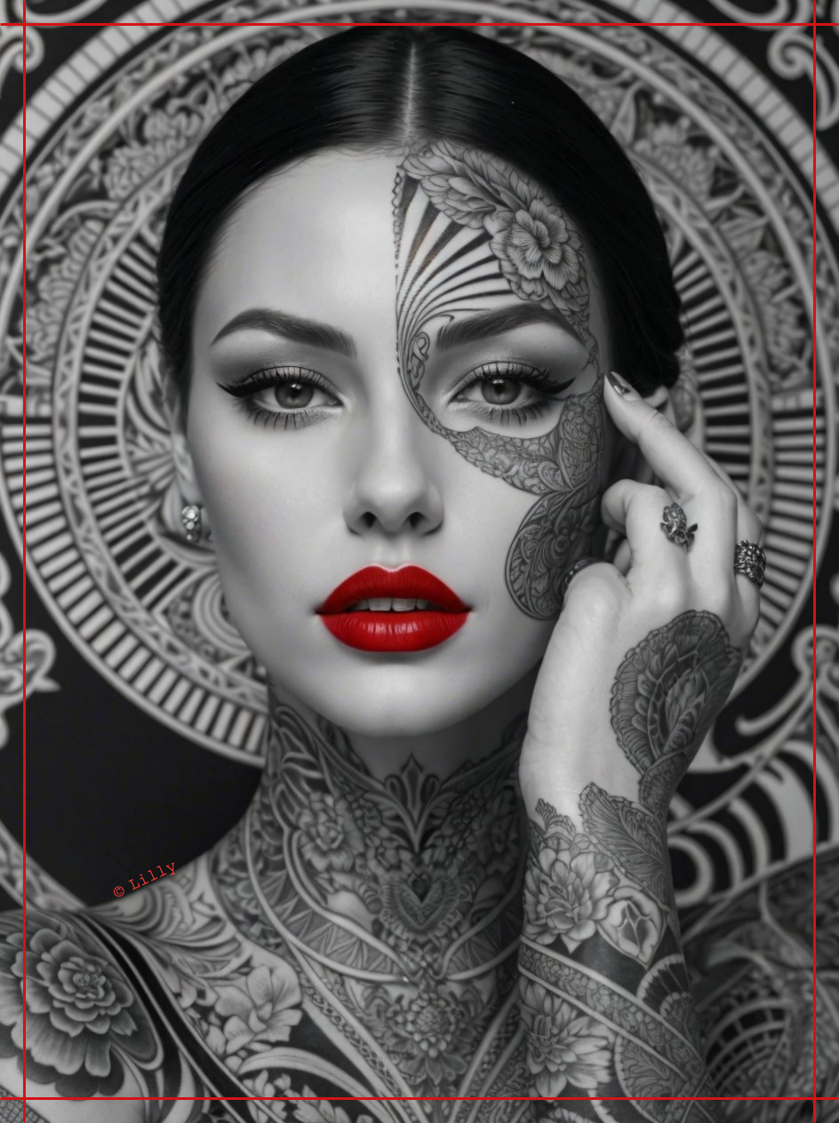 Woman with Black and White Tattoos and Red Lips