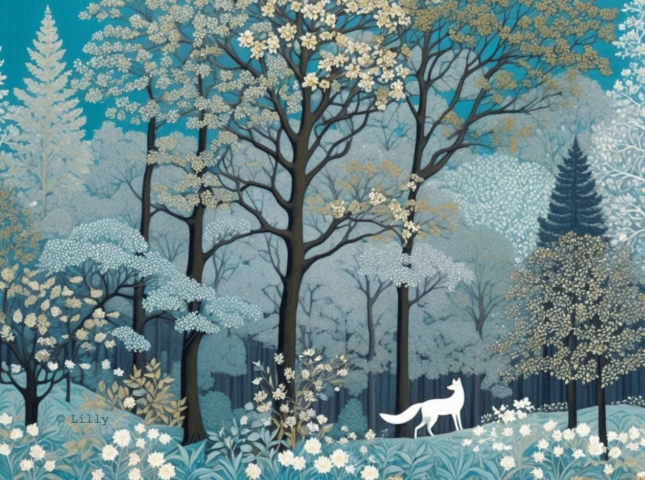 Serene forest scene with stylized trees and flowers