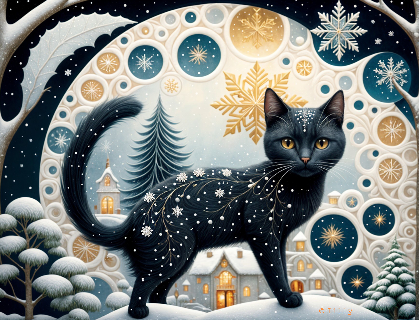 Whimsical Winter Scene with Black Cat and Snowflakes