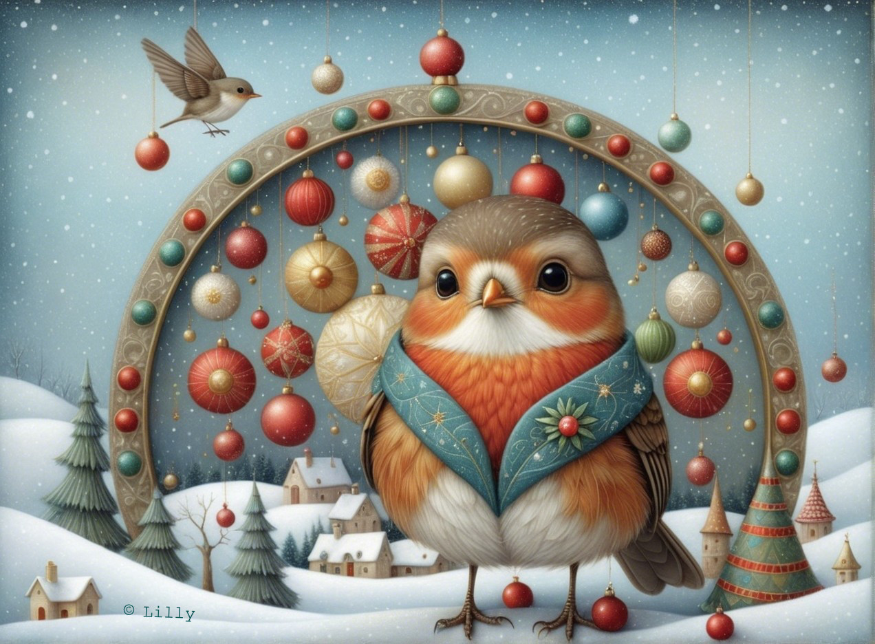 Whimsical Winter Scene with Colorful Birds and Cottages