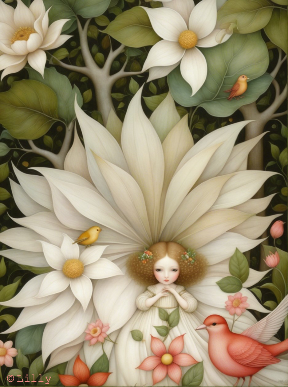 Whimsical fairy amidst vibrant flora and greenery