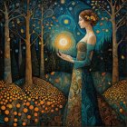 Serene Woman in Whimsical Forest with Glowing Sun