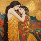 Two Women Embracing in Golden Fabric with Roses