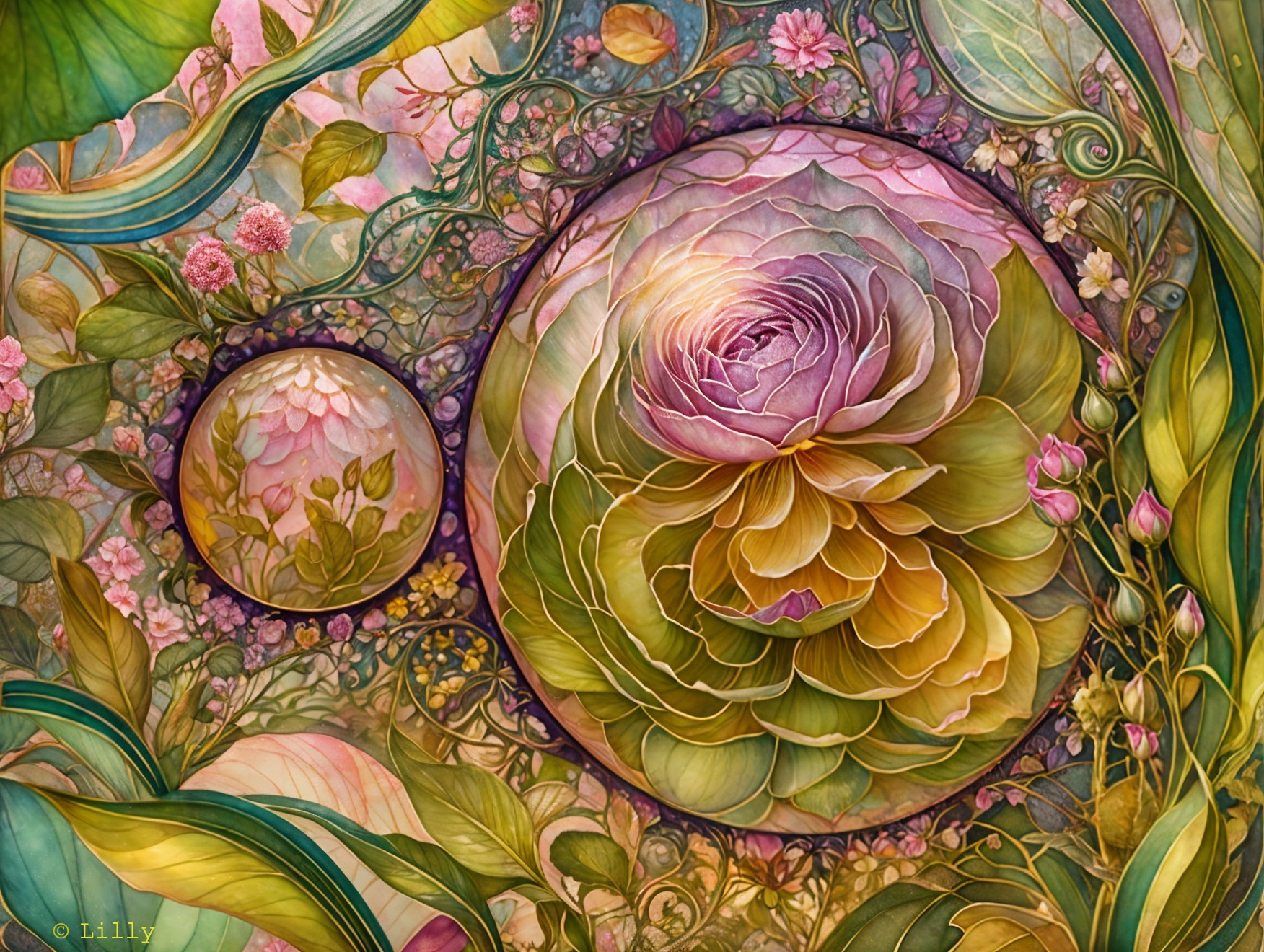 Vibrant Floral Composition with Layered Rose and Greenery