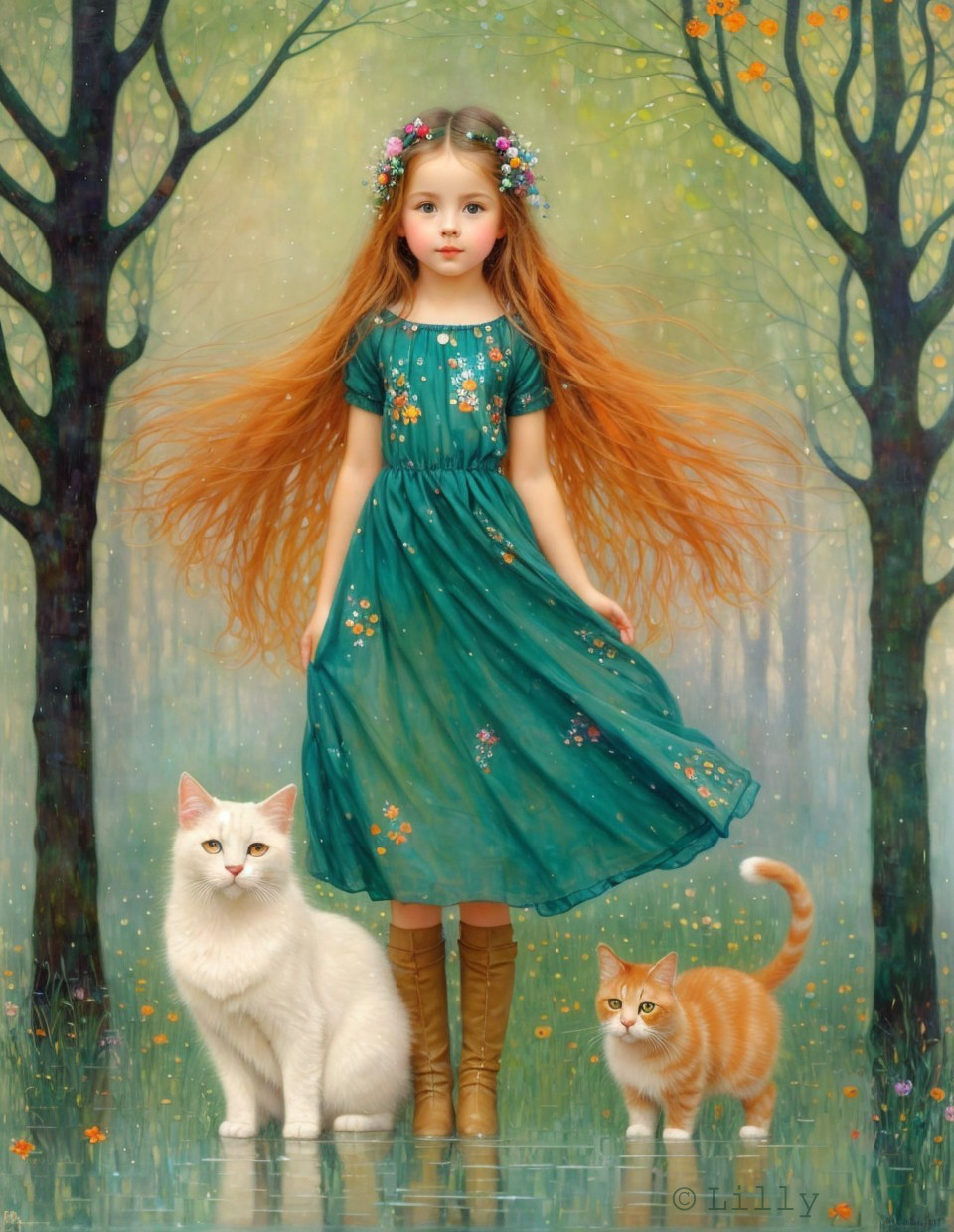 Young girl in green dress with cats in forest setting