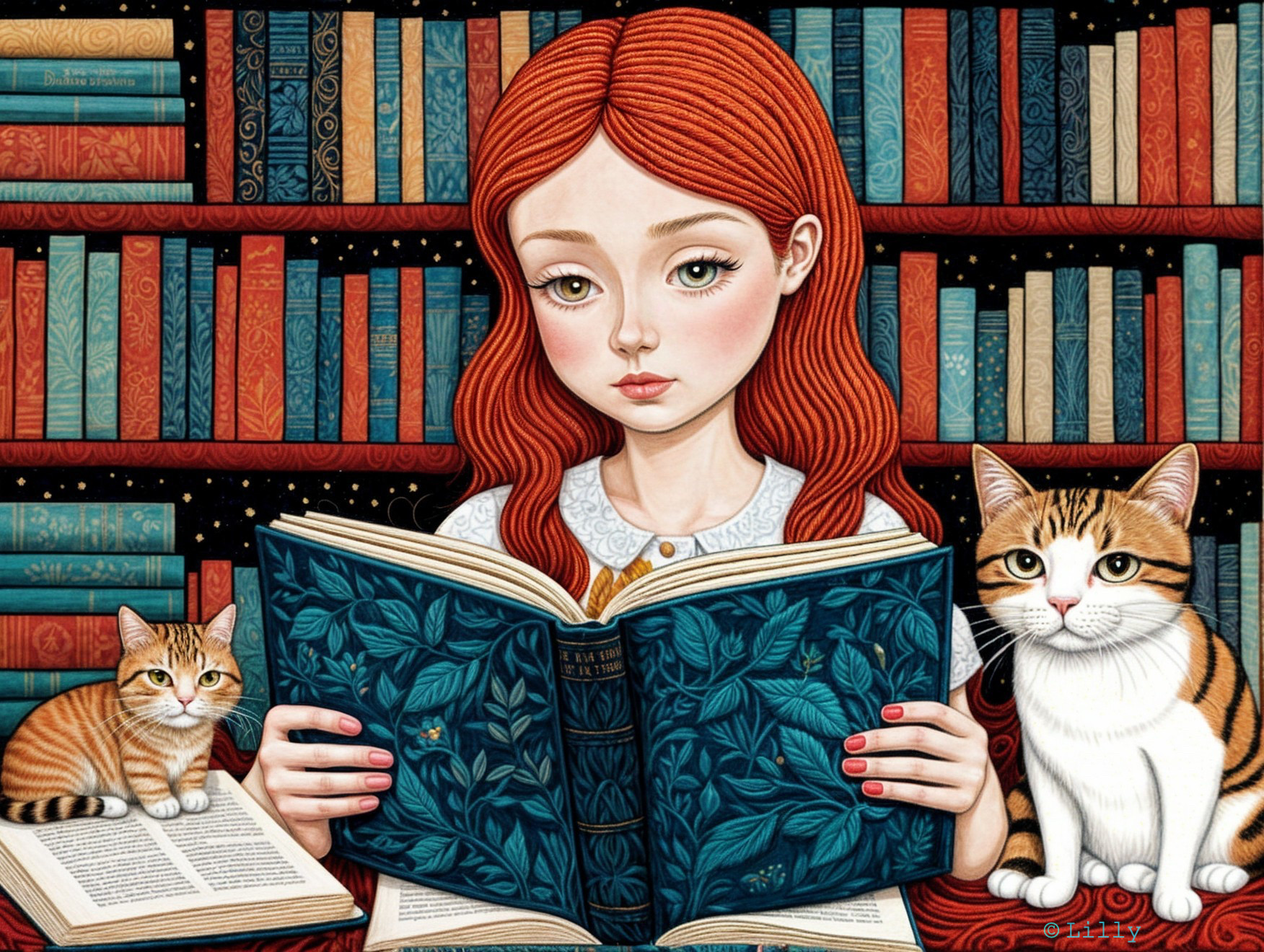 Cozy Library Scene with Girl and Two Cats Reading
