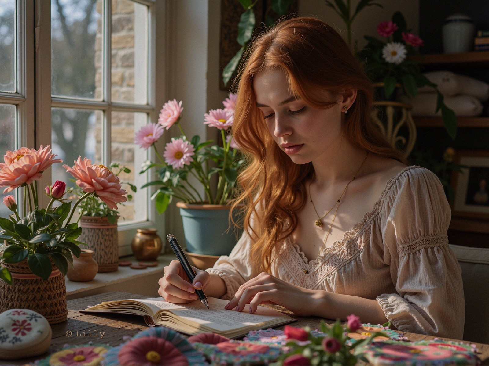 Young woman writing at a flower-adorned table
