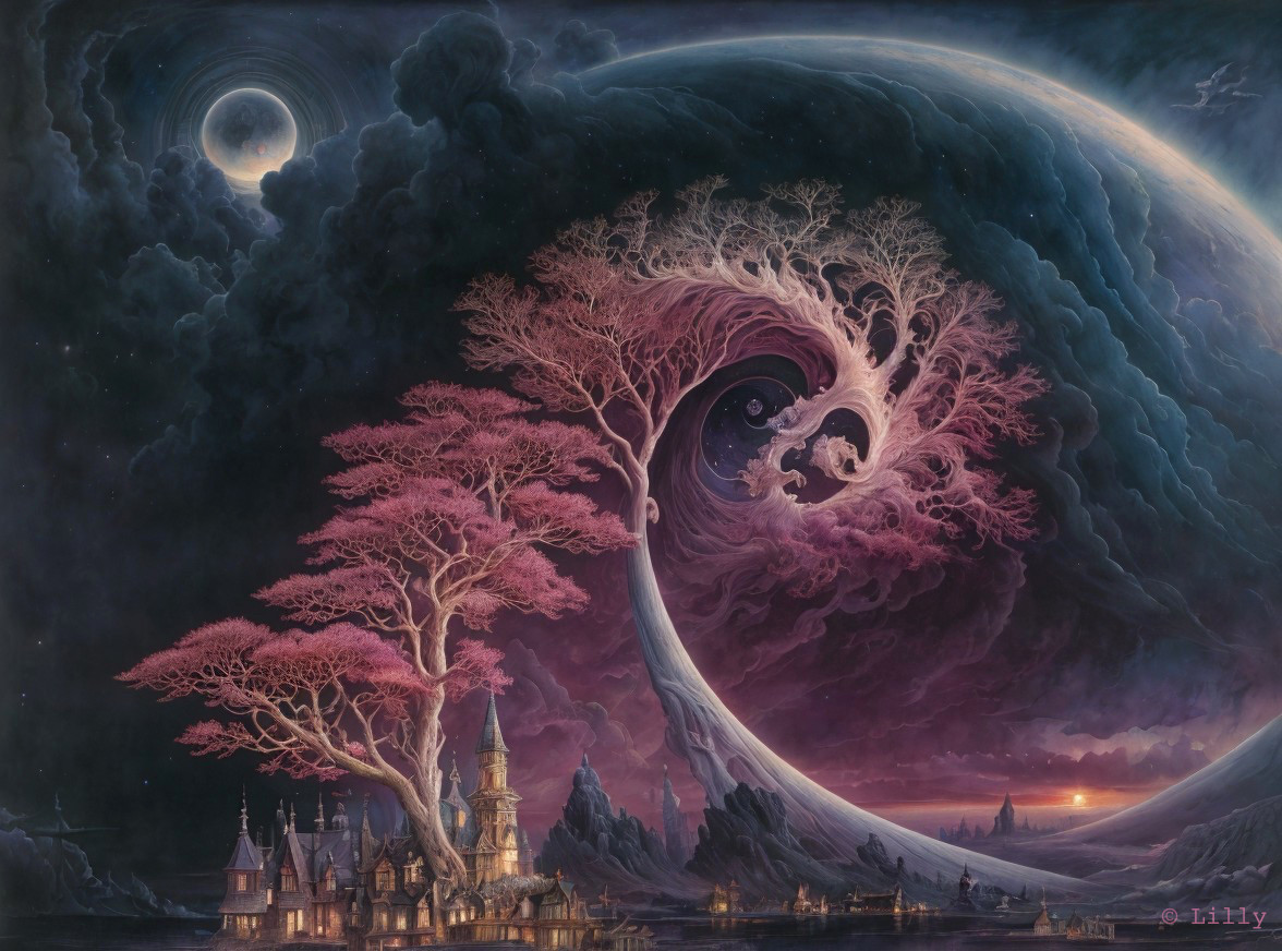 Surreal Landscape with Twisting Tree Wave and Village