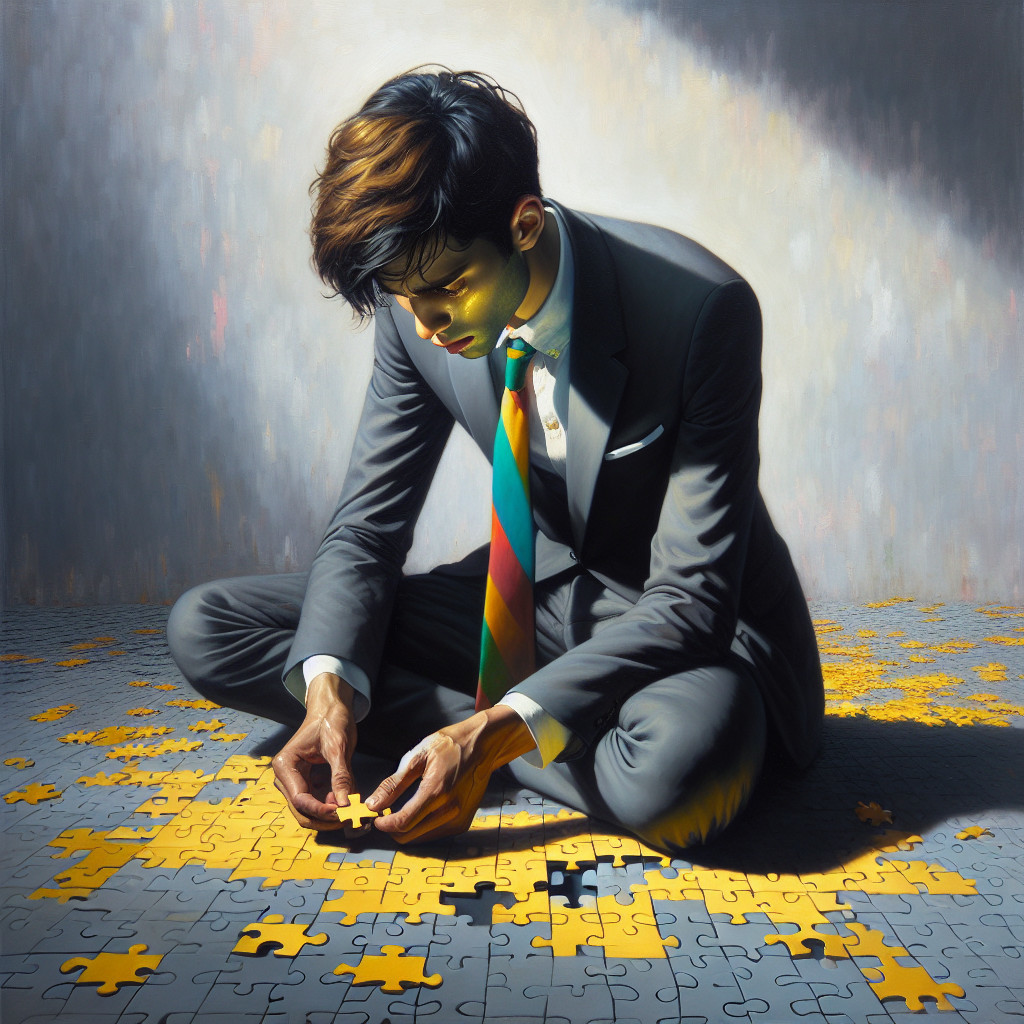 Young man assembling jigsaw puzzle in dimly lit room