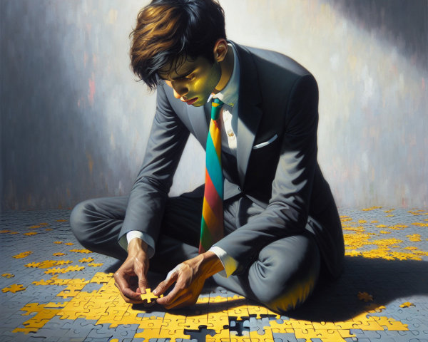 Young man assembling jigsaw puzzle in dimly lit room