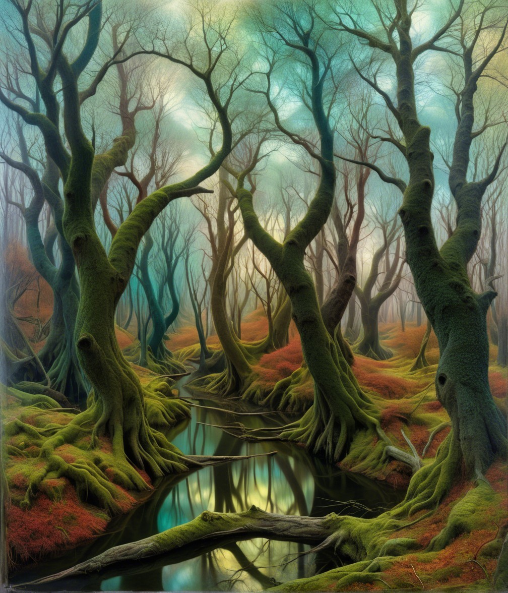 Mystical forest with mossy trees and glowing sky