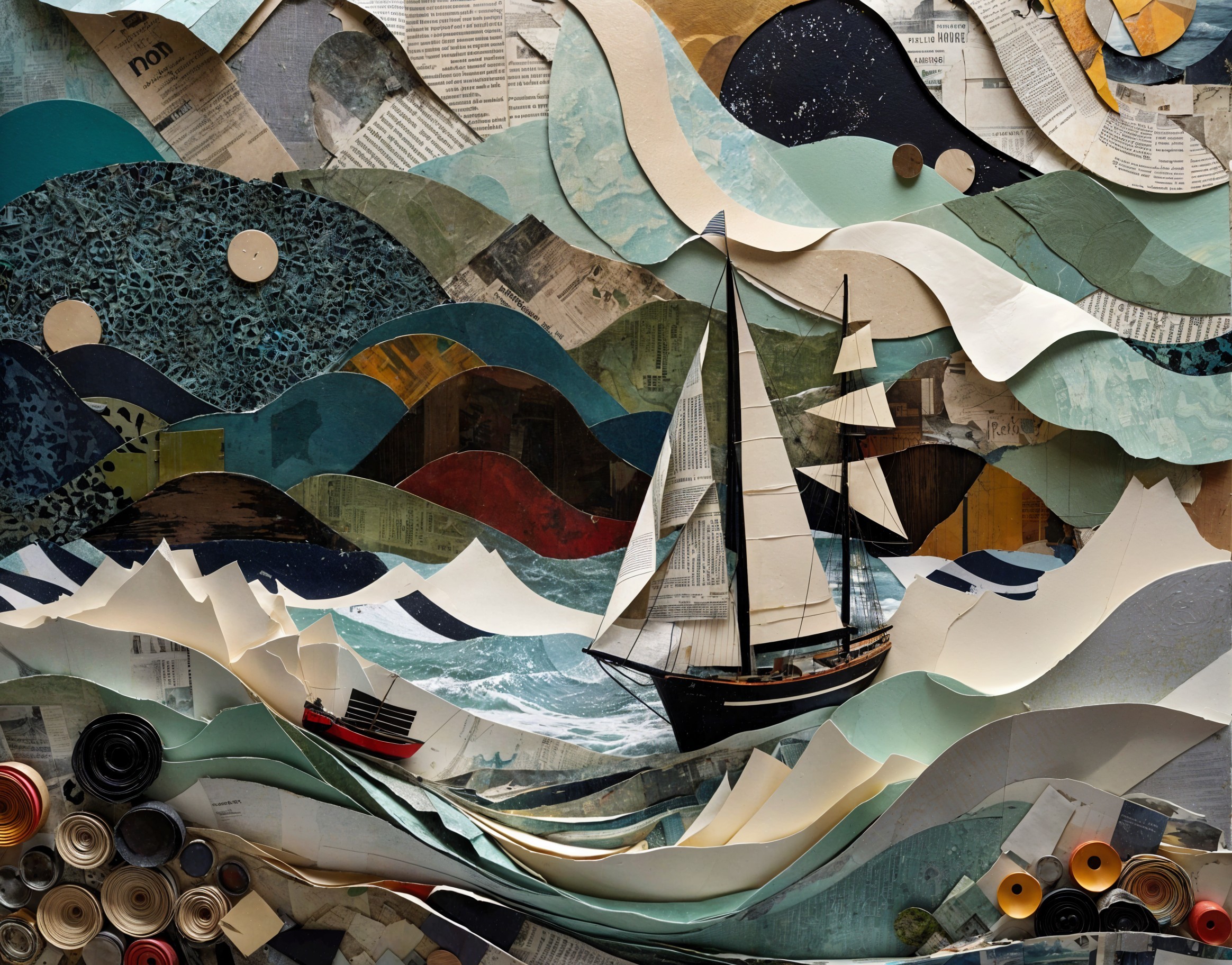 Paper Collage of Sailboat on Rough Waters with Texture
