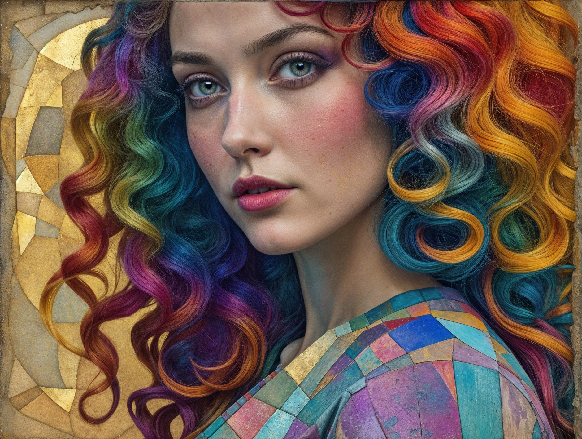 Young woman with multicolored curly hair and green eyes