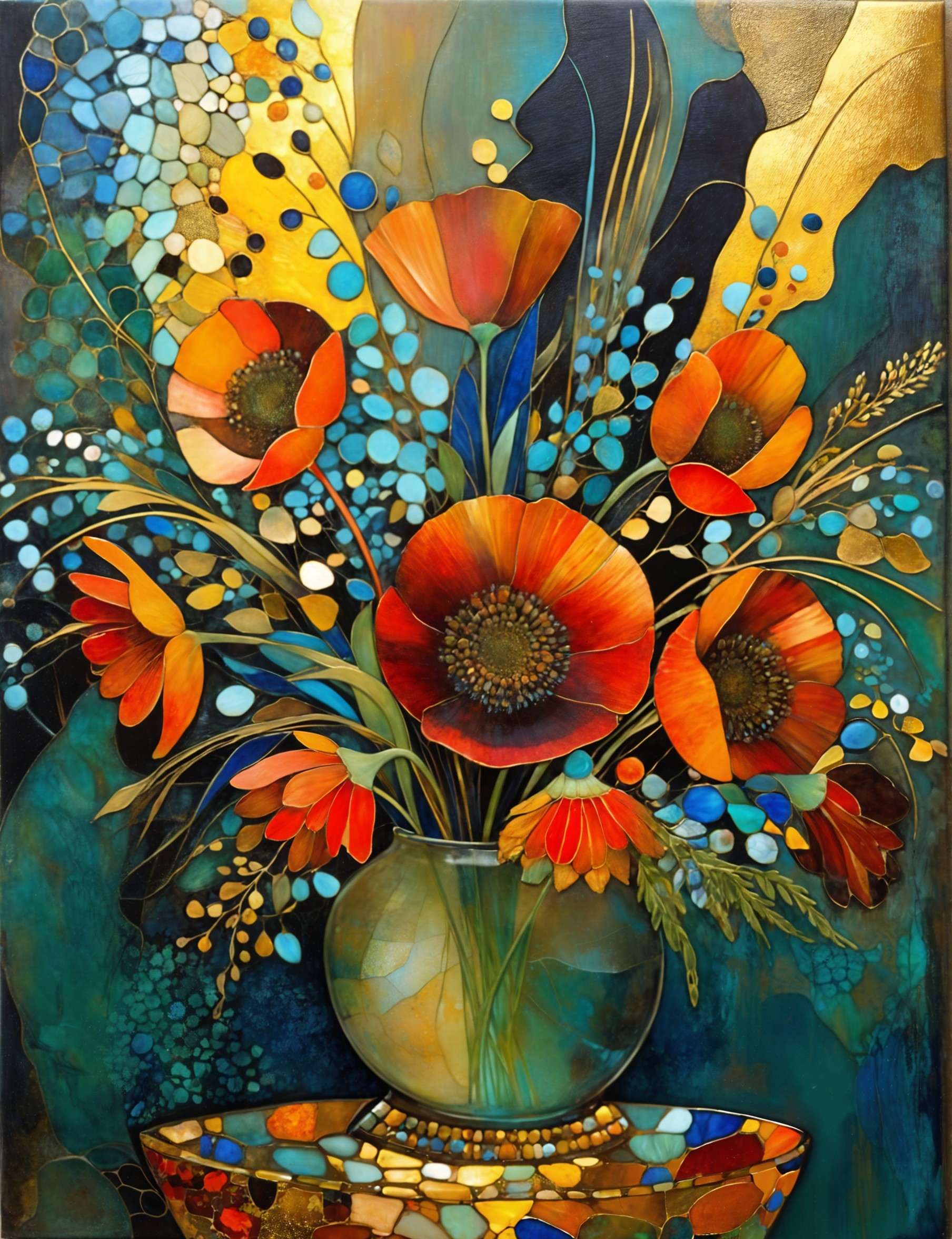 Vibrant bouquet of orange poppies in textured vase