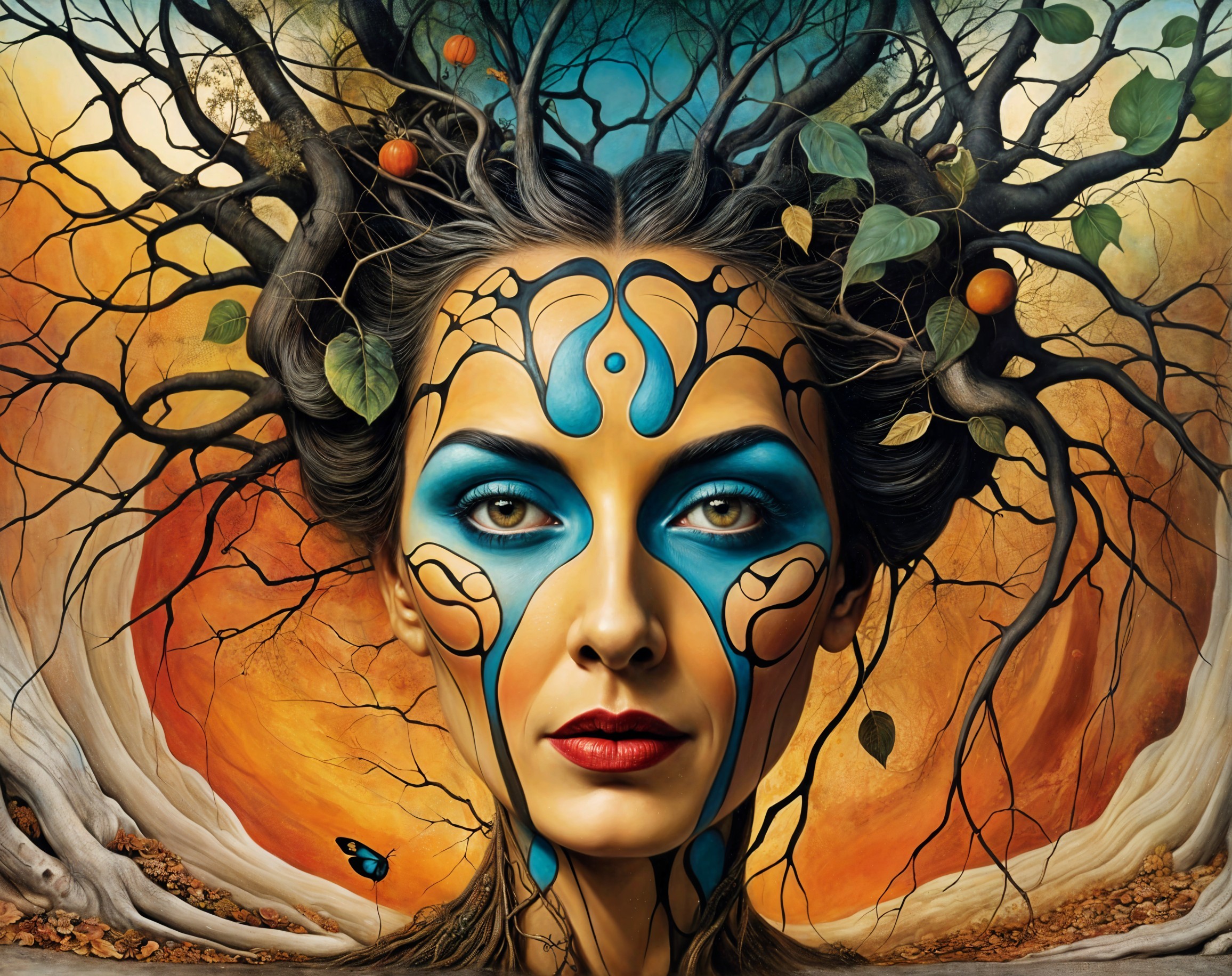 Female figure with blue patterns and nature elements