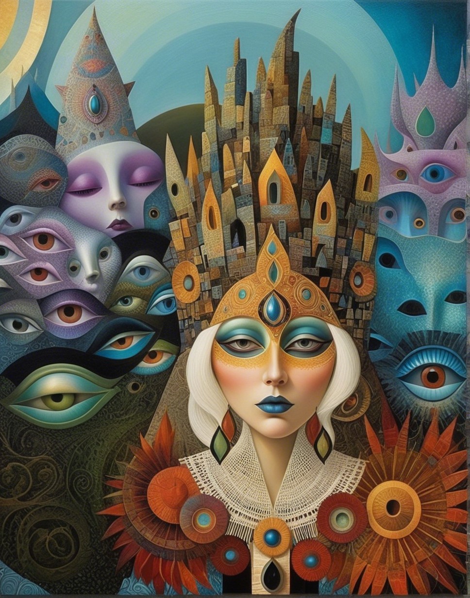 Majestic Figure Surrounded by Abstract Forms and Colors