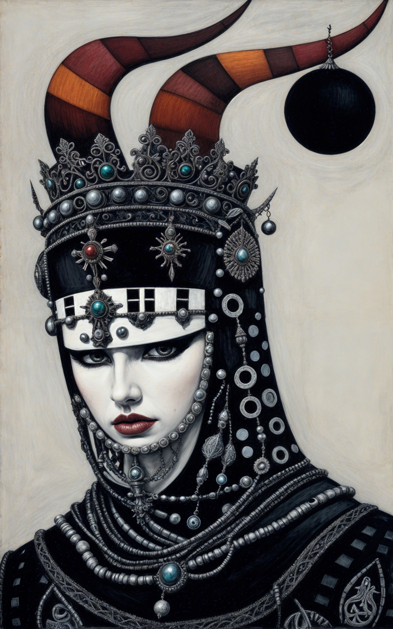 Enigmatic figure in black and silver jewelry with crown