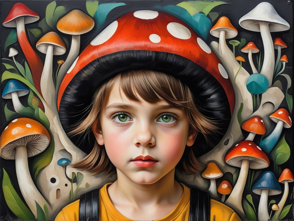 Child with Green Eyes and Mushroom Hat in Colorful Setting