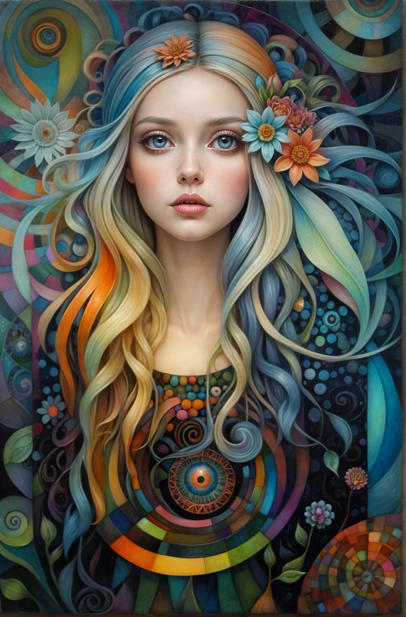 Mystical Portrait of a Young Woman with Colorful Hair