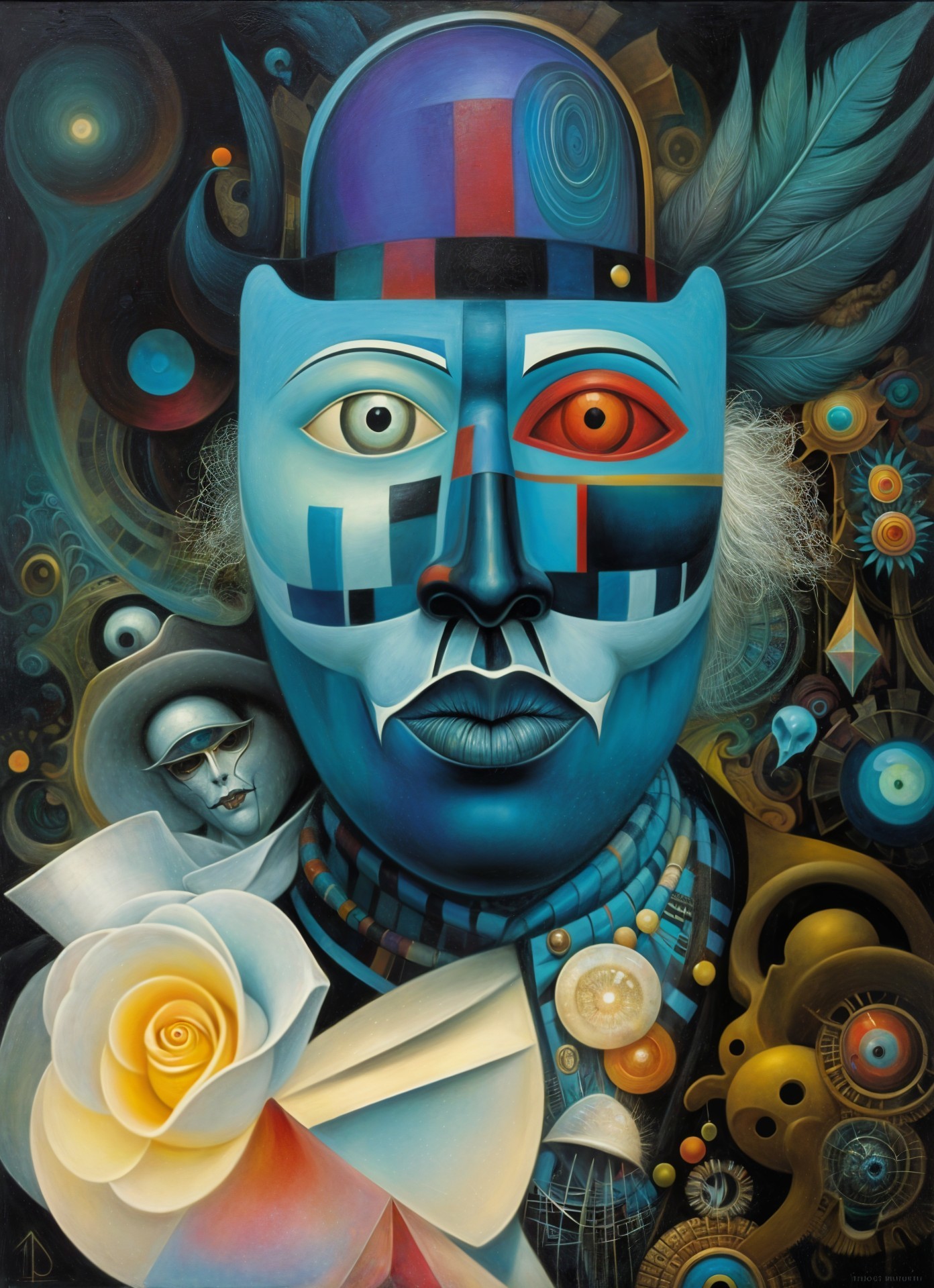 Abstract Portrait with Blue Palette and Geometric Shapes