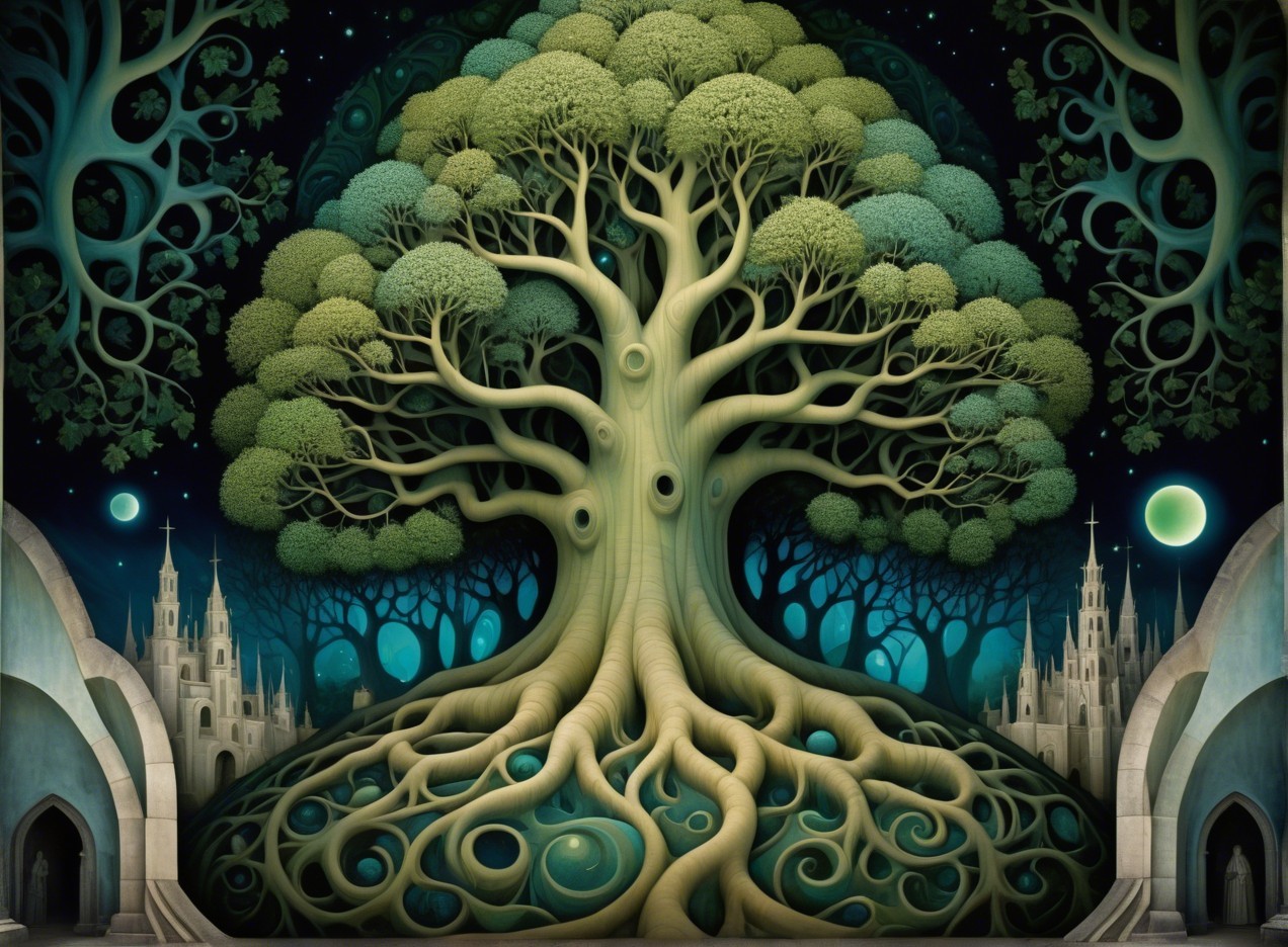 Majestic tree in a mystical landscape under stars