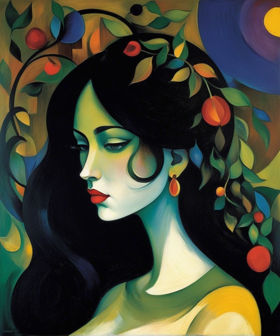 Stylized Woman with Colorful Leaves and Vibrant Background