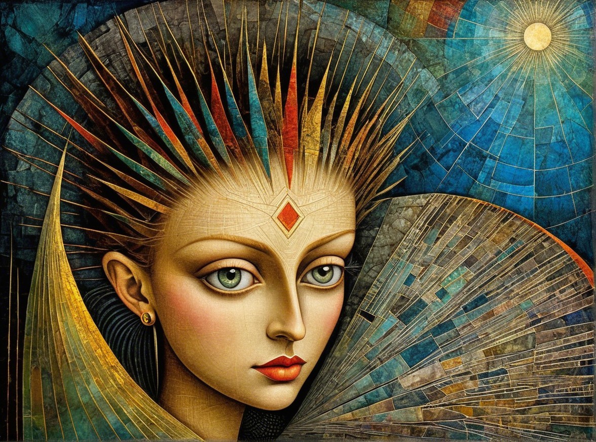 Stylized portrait of a woman with elaborate headdress
