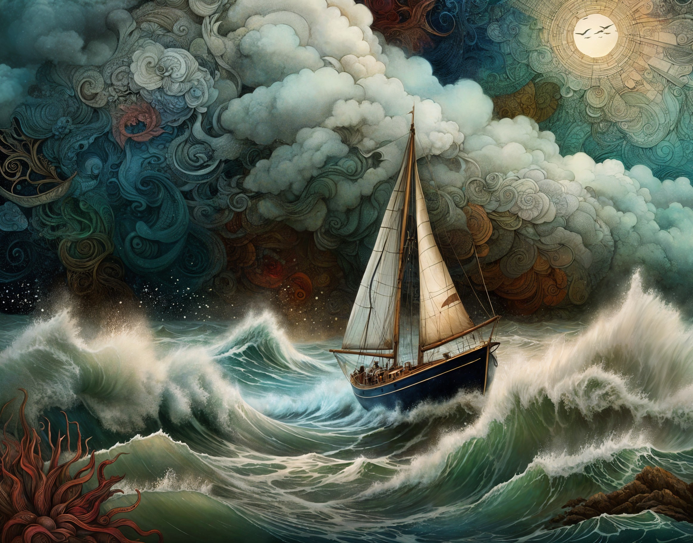Sailboat on Waves Under Dramatic Sky and Sunlight