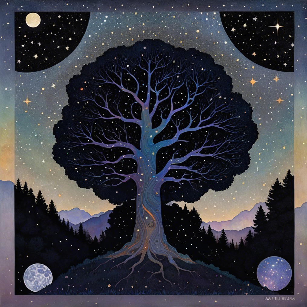 Silhouetted Tree Against Starry Night Sky and Mountains