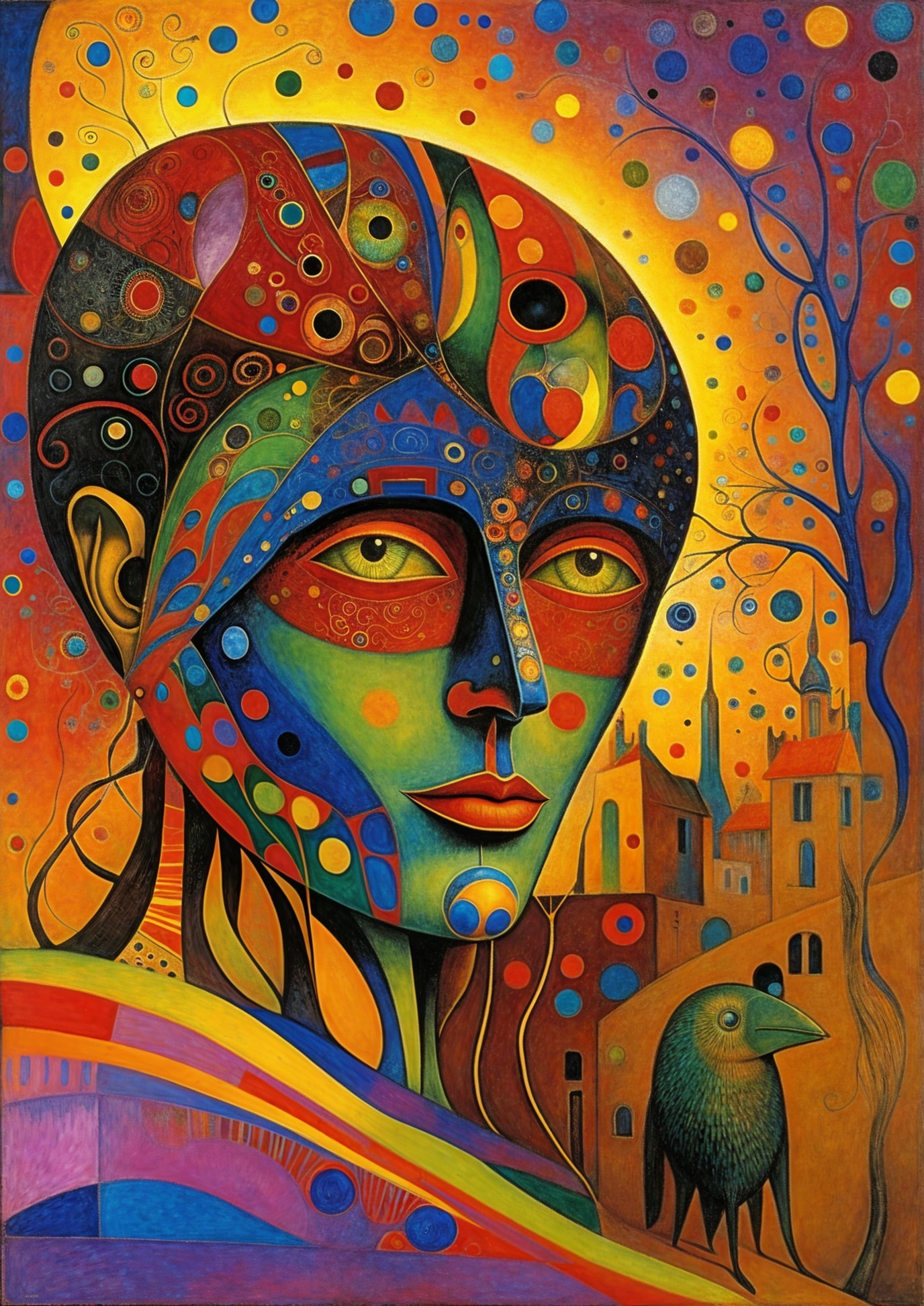 Vivid Abstract Face with Swirls and Playful Shapes