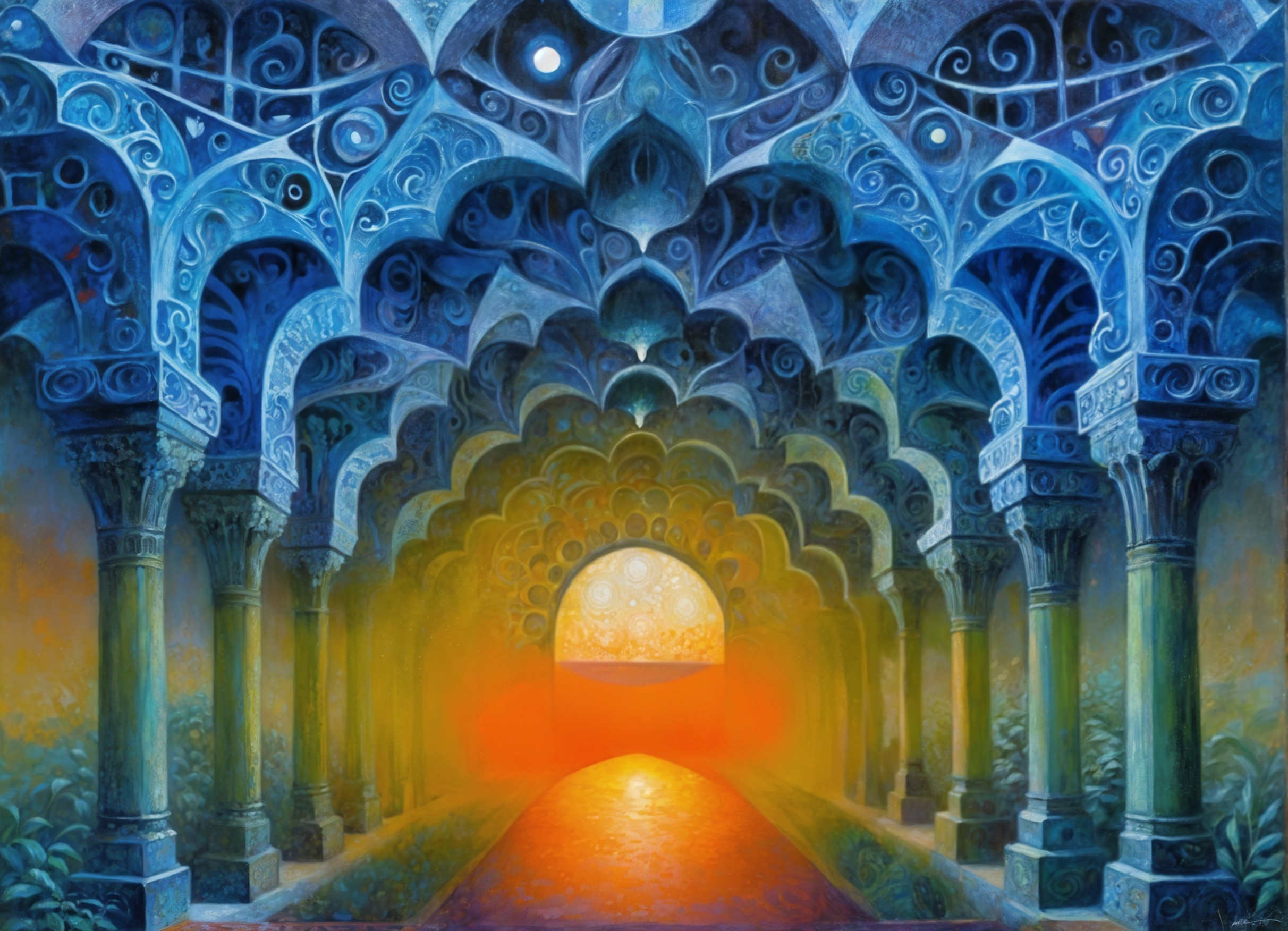 Ethereal Scene with Intricate Arches and Lush Greenery