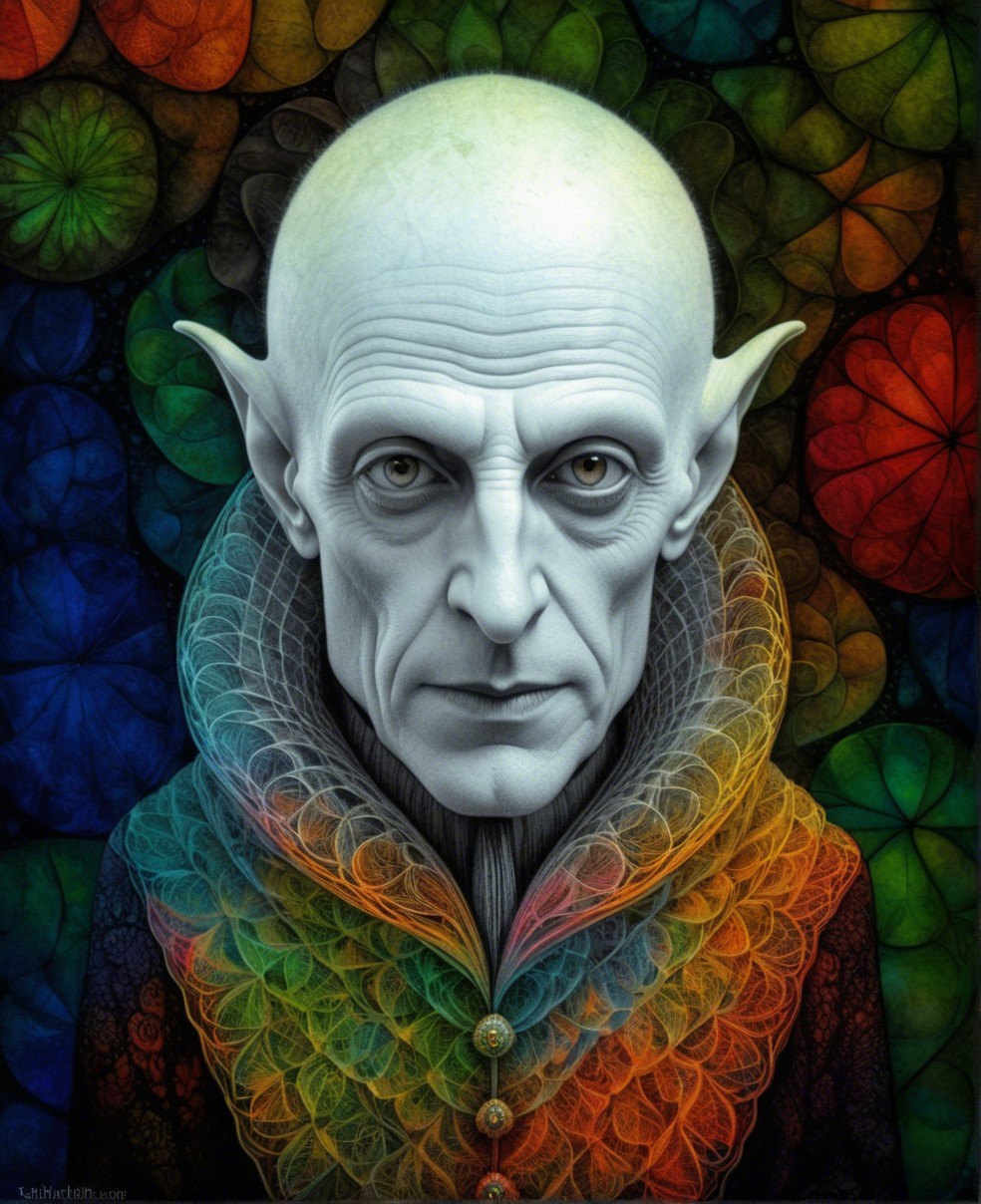 Humanoid Figure with Colorful Cloak and Abstract Background